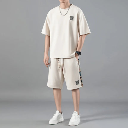 Wholesale Men's Summer Casual Embroidered Set Waffle Fabric Tshirt and Shorts Sets Custom Oversized  Plus Size T-Shirts for Mens