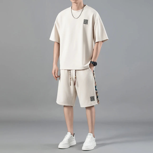 Wholesale Men's Summer Casual Embroidered Set Waffle Fabric Tshirt and Shorts Sets Custom Oversized  Plus Size T-Shirts for Mens