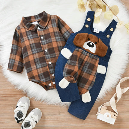 FOCUSNORM 2 Colors Autumn Baby Boys Gentleman Clothes Sets 2pcs Plaid Printed Shirts Romper+Cartoon Bear Overalls Pants