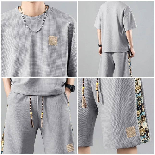 Wholesale Men's Summer Casual Embroidered Set Waffle Fabric Tshirt and Shorts Sets Custom Oversized  Plus Size T-Shirts for Mens