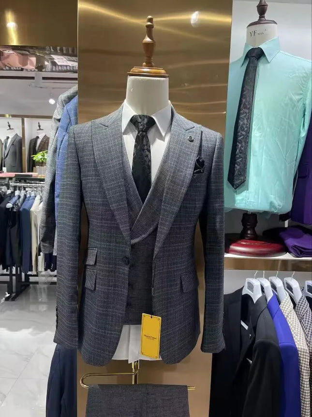 Costume de mariage gris pour homme, coupe slim, un bouton, deux fentes, veste, gilet et pantalon, MS789