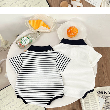 Summer Baby White Striped Bodysuits for Newborns Boys Girls Romper Onesie Cotton Short Sleeve Turn Down Collar Infant Jumpsuit