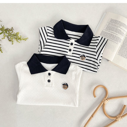 Summer Baby White Striped Bodysuits for Newborns Boys Girls Romper Onesie Cotton Short Sleeve Turn Down Collar Infant Jumpsuit