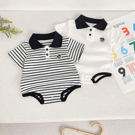 Summer Baby White Striped Bodysuits for Newborns Boys Girls Romper Onesie Cotton Short Sleeve Turn Down Collar Infant Jumpsuit