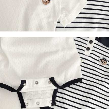 Summer Baby White Striped Bodysuits for Newborns Boys Girls Romper Onesie Cotton Short Sleeve Turn Down Collar Infant Jumpsuit