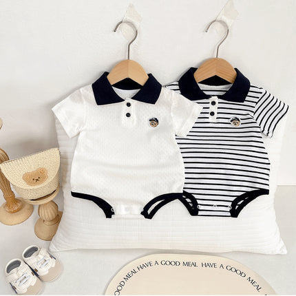 Summer Baby White Striped Bodysuits for Newborns Boys Girls Romper Onesie Cotton Short Sleeve Turn Down Collar Infant Jumpsuit