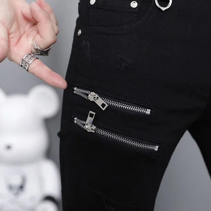 2024 Spring and Autumn Fashion Black Ripped Stretch Jeans Men's Casual Slim Breathable High-Quality Straight Leg Pants 28-36