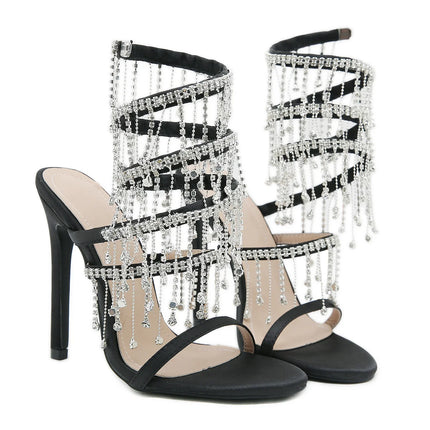 Aneikeh 2026 Fashion Sexy Rhinestone String Bead Ankle Strap High Heels Women Summer Silk Round Toe Open Toe Sandals Party Dress