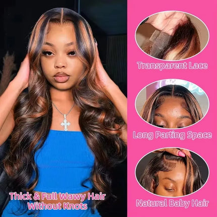 Linktowig 300 High Density Highlight Wig Human Hair Body Wave 13x6 HD Lace Frontal Wigs 1B/30 Black Brown Colored Human Hair Wig