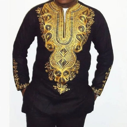African Men's Shirt Pants Set Metallic Print Tops Long Sleeves Clothing V Neck Matching Traditional Suit With Trouser For Men