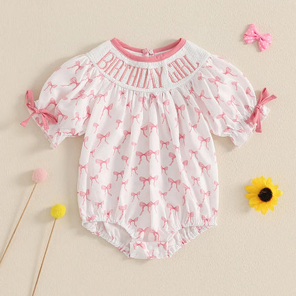 6M-18M Toddler Baby Girl Birthday Outfit Smocked Birthday Girl Embroidery Romper Bow Print Bodysuit Summer Outfit