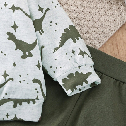Spring and Autumn Two-Piece Baby Boy Sports Leisure Comfortable Dinosaur Pattern Long Sleeve Top Army Green Pants Suit