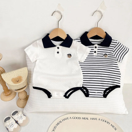 Summer Baby White Striped Bodysuits for Newborns Boys Girls Romper Onesie Cotton Short Sleeve Turn Down Collar Infant Jumpsuit