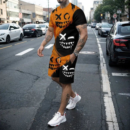 Funny 3D Demon Face Print Men Short Sleeve T-Shirt Shorts Two Piece Sets Hip Hop Trend Harajuku Streetwear Summer Casual Outfit
