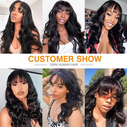 100% Human Hair Wigs With Bangs Body Wave Wig With Bangs Fringe Wigs Full Machine Made Wig 12A Brazilian Natural Remy Human Hair