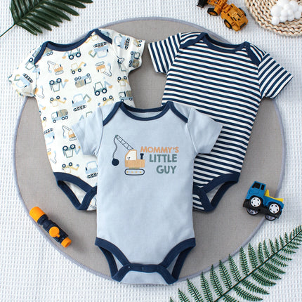 3PCS Summer Boys Three Piece Bodysuit Cartoon Car and Excavator Pattern Button Design Short Sleeve Bodysuit Mother's Day Gift