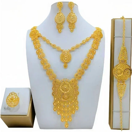 France Ethiopian Gold Color Jewelry Set For Women Dubai Necklace Bracelet Earrings Ring Set African Wedding Choker Wholesale