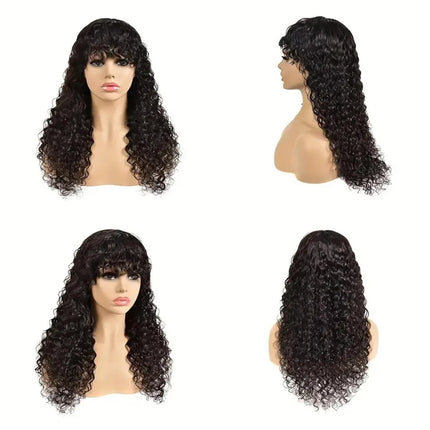 30 inch Water Wave Human Hair Wigs With Bangs Glueless Fringe Wig Kinky Curly Bob Wig with Bangs Full Machine Made Wig 180%