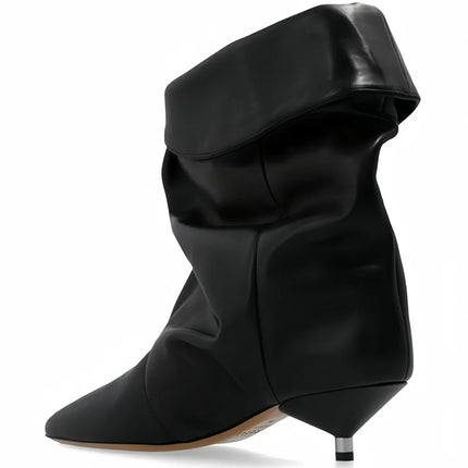 Arden Furtado 2025 Spring leopard print Large tubular boots Pointed toe Slip-on Pleated Middle heel Modern boots Short boots