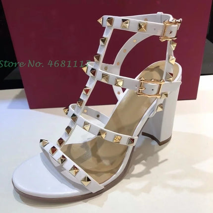 Rivets T-Strap Summer Heels Sandals Women's Luxury Trendy Chunky Heels Sandals Studded Slingback Casual Summer White Party Shoes