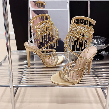 Aneikeh 2026 Fashion Sexy Rhinestone String Bead Ankle Strap High Heels Women Summer Silk Round Toe Open Toe Sandals Party Dress