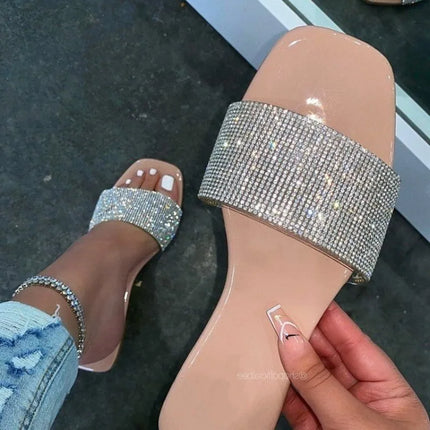 Women Slippers 2025 New Shiny Rhinestone Slippers Fashion Outdoor Women Shoes Female Casual Beach Flat Sandals Slides Women