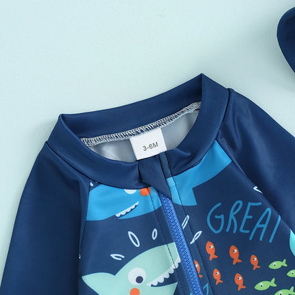 0-5Y Baby Boys Rash Guard Swimwear Fish Print Long Sleeve Zip Tops + Boardshorts + Bucket Hats Bathing Suit Kids Beachwear