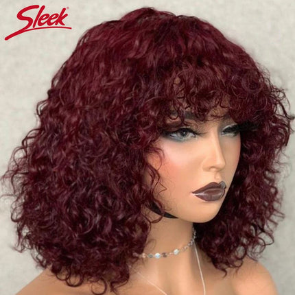 Short Pixie Bob Cut Human Hair Wigs With Bangs Full Machine Jerry Curly Wig Highlight Honey Blonde Water Wave Wigs For Women