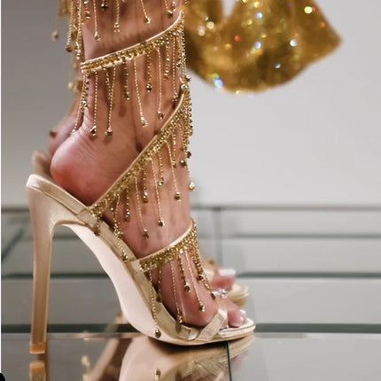 Aneikeh 2026 Fashion Sexy Rhinestone String Bead Ankle Strap High Heels Women Summer Silk Round Toe Open Toe Sandals Party Dress