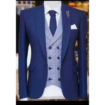 Slim Fit Blue Men Suits Elegant Single Breasted Peak Lapel High Quality Blazer Customized Wedding 3 Piece Jacket Pants Vest Sets