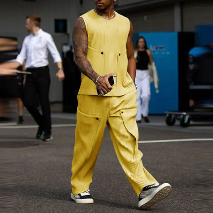 INCERUN Men Sets Solid Color Streetwear O-neck Sleeveless Tank Tops & Pants 2PCS Summer Loose Fashion Men's Casual Suits S-2XL