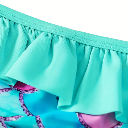2-Piece Swimsuit Long-Sleeved Swimwear Kids Girl Crew Neck Scale Print Tops & Ruffle Detail Bikini Cut Briefs Swimming Suit 2025