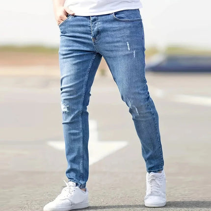 Kakan - European and American High-quality Men's Small Leg Elastic Hole Long Jeans, Street Tight New Jeans