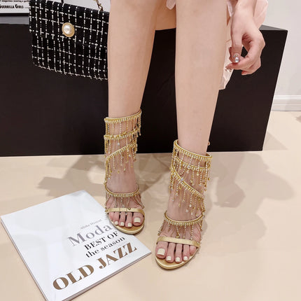 Aneikeh 2026 Fashion Sexy Rhinestone String Bead Ankle Strap High Heels Women Summer Silk Round Toe Open Toe Sandals Party Dress