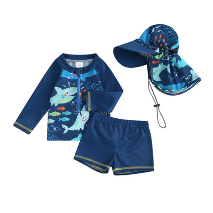0-5Y Baby Boys Rash Guard Swimwear Fish Print Long Sleeve Zip Tops + Boardshorts + Bucket Hats Bathing Suit Kids Beachwear