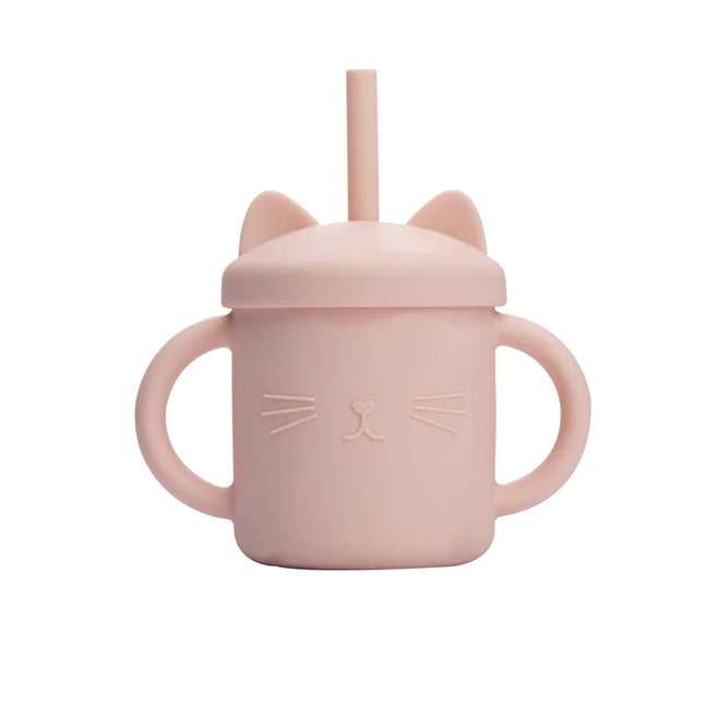 Baby Food Grade Feeding Cup Kid Double Handle Design Cute Cat Styling Straw Bottle Anti-Hot Leakproof Baby Silicone Feeding Cups