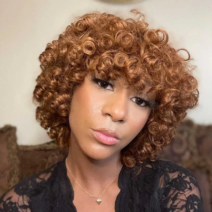 99J Rose Curly Fumi Human Hair Wig With Bangs Full Machine Made Deep Wave Bob For Women Virgin Brazilian Burgundy Blonde Colored