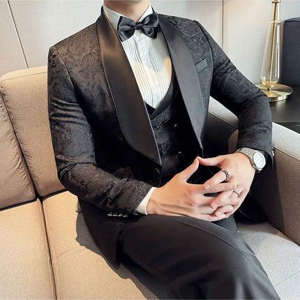 New (Blazer+vest+pants) for Men. Fashion. Casual. British Style. Singer Performance. High Density Jacquard Wedding Dress. Suit