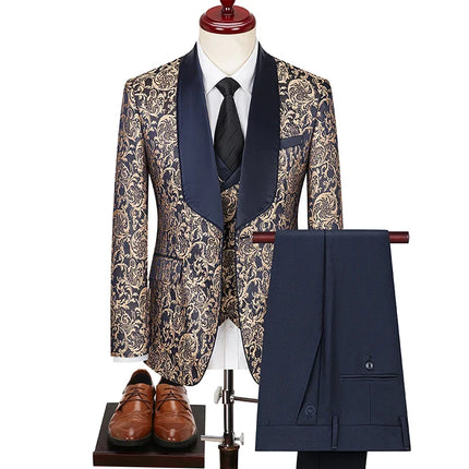 New (Blazer+vest+pants) for Men. Fashion. Casual. British Style. Singer Performance. High Density Jacquard Wedding Dress. Suit