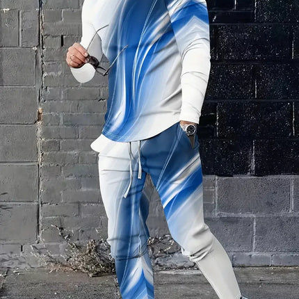 Spring And Fall Men's Long Sleeve Pant 2pcs Sets Red And Blue Striped 3D Print Man Set Everyday Fashion Men Long Sleeved T-shirt