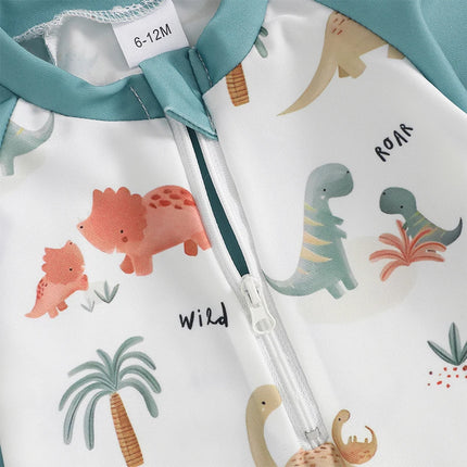 Toddler Baby Boys Swimsuit with Swim Cap Infant Rash Guard Summer Dinosaur/Shark Print Long Sleeve Zip Bathing Suit Beachwear