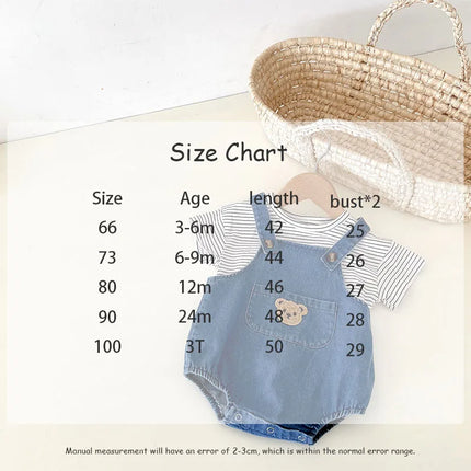 2024 Summer Cool Toddler Baby Clothing Set for Newborn Girls Striped T-shirt and Denim Bodysuits Overalls 2Pcs Boys Suits