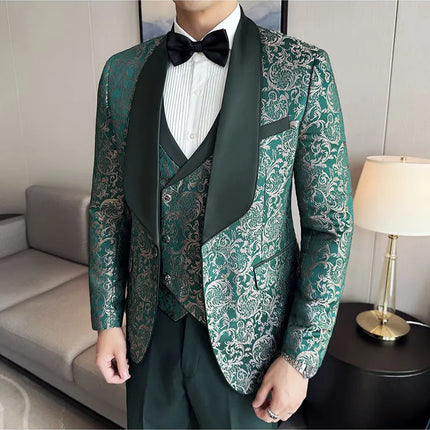New (Blazer+vest+pants) for Men. Fashion. Casual. British Style. Singer Performance. High Density Jacquard Wedding Dress. Suit