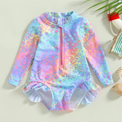 Baby Girl Fish Scale Print Swimsuit 1Piece Long Sleeve Swimwear Floral Zipper Ruffle Toddler Bathing Suit Beach Outfit