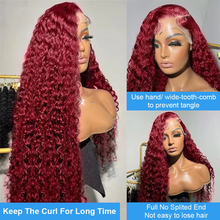 Deep Wave 99J Burgundy 13x6 Transprent Lace Frontal Wig Human Hair 13x4 Curly 30 40 Inch HD Lace Front Wigs Red Wine Water Wave