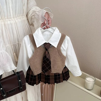 Childrens Clothing Set 2025 Autumn New Item Childrens Shirt Knitted Vest Short Skirt Three Piece Set Toddler Girl Clothes