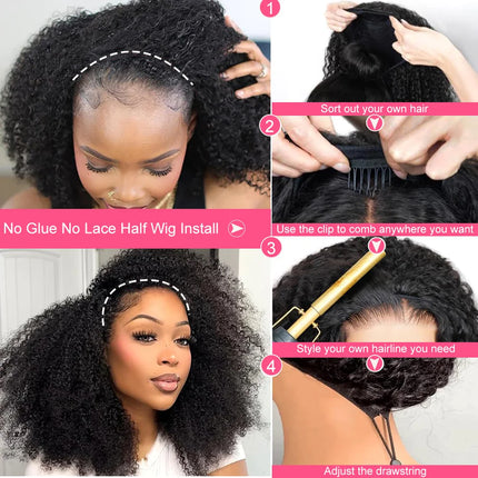 250% Density Kinky Curly Half Wigs Human Hair Seamless Flip Over Half Wig Beginner Friendly Curly Wigs for Black Women