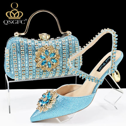 African Special Banquet Elegant Style Silver Color Party Wedding Pointed Toe  Heel Women Shoes and Bag Set With Rhinestone