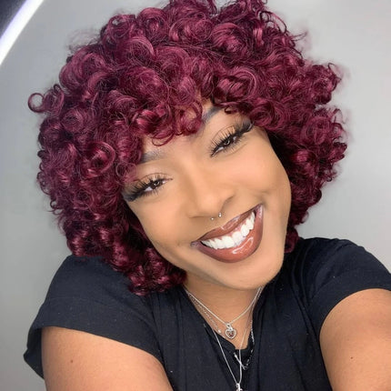 99J Rose Curly Fumi Human Hair Wig With Bangs Full Machine Made Deep Wave Bob For Women Virgin Brazilian Burgundy Blonde Colored