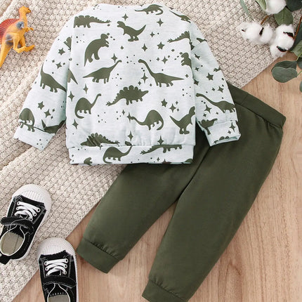 Spring and Autumn Two-Piece Baby Boy Sports Leisure Comfortable Dinosaur Pattern Long Sleeve Top Army Green Pants Suit